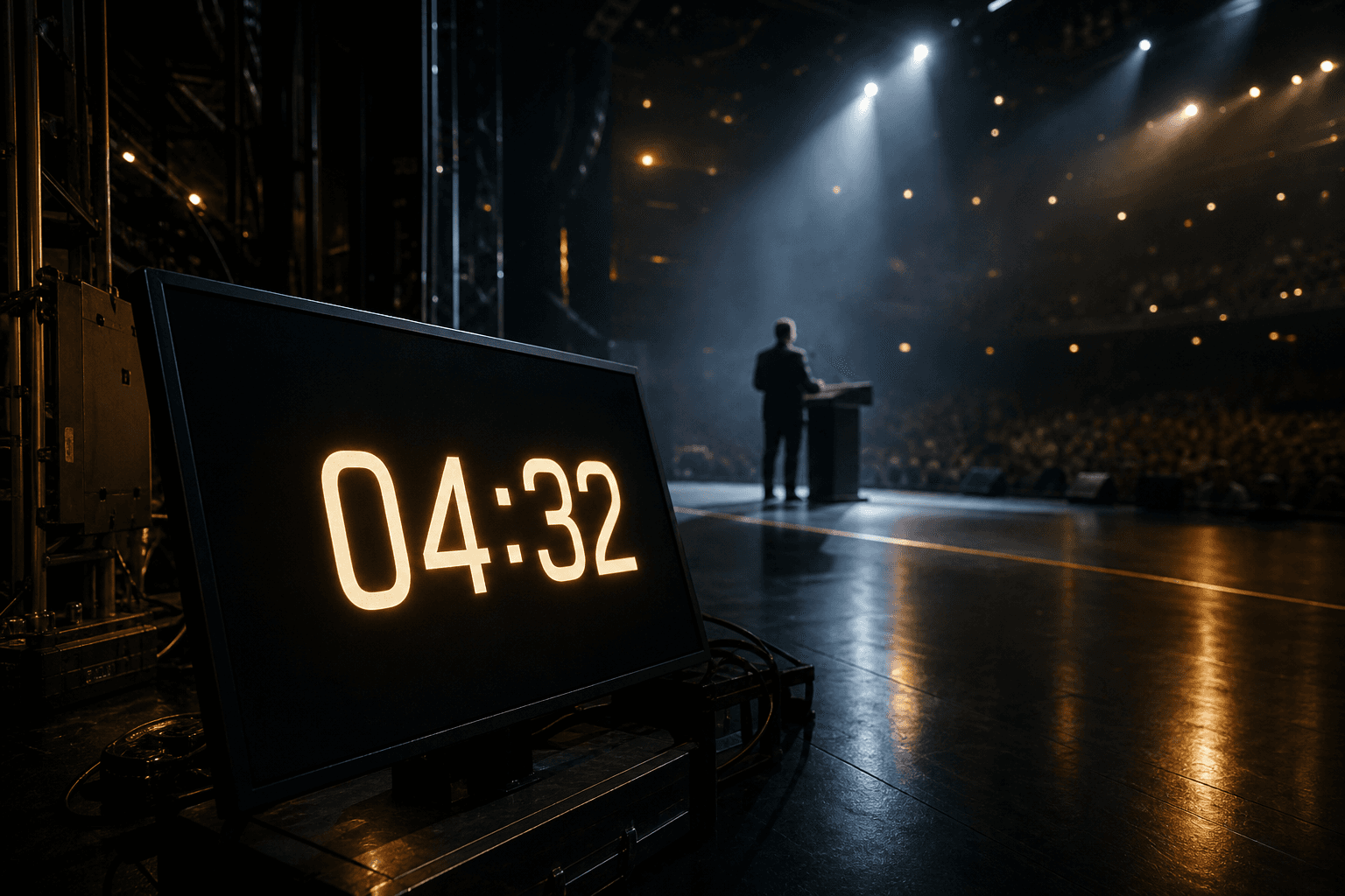 Stage confidence monitor showing a shared countdown during a live show